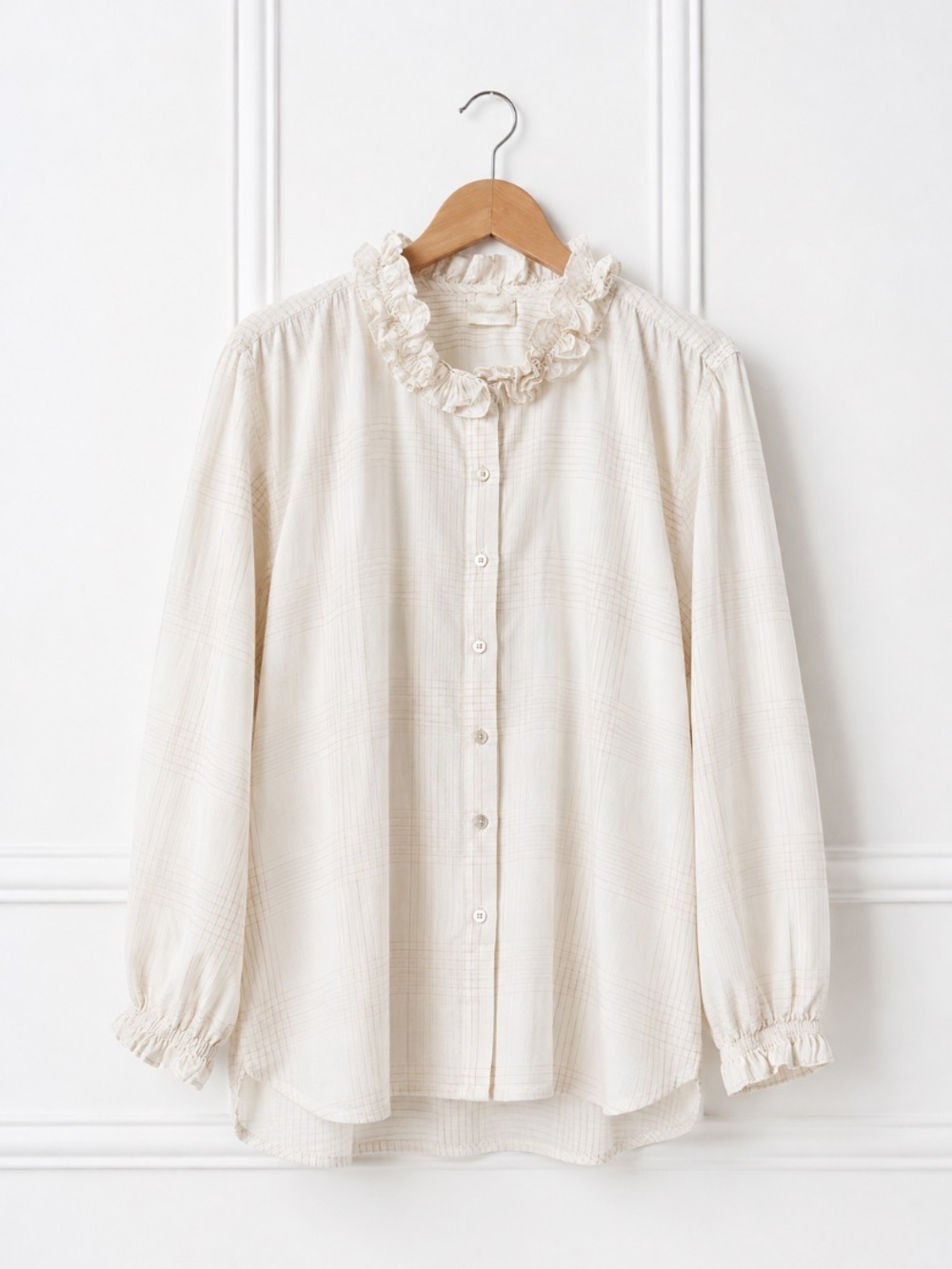 Jaggery London Button Down Plaid Ruffle Neckline Blouse